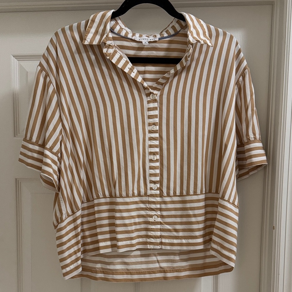 Jane and Delancey Tan and White Striped Button Down Shirt